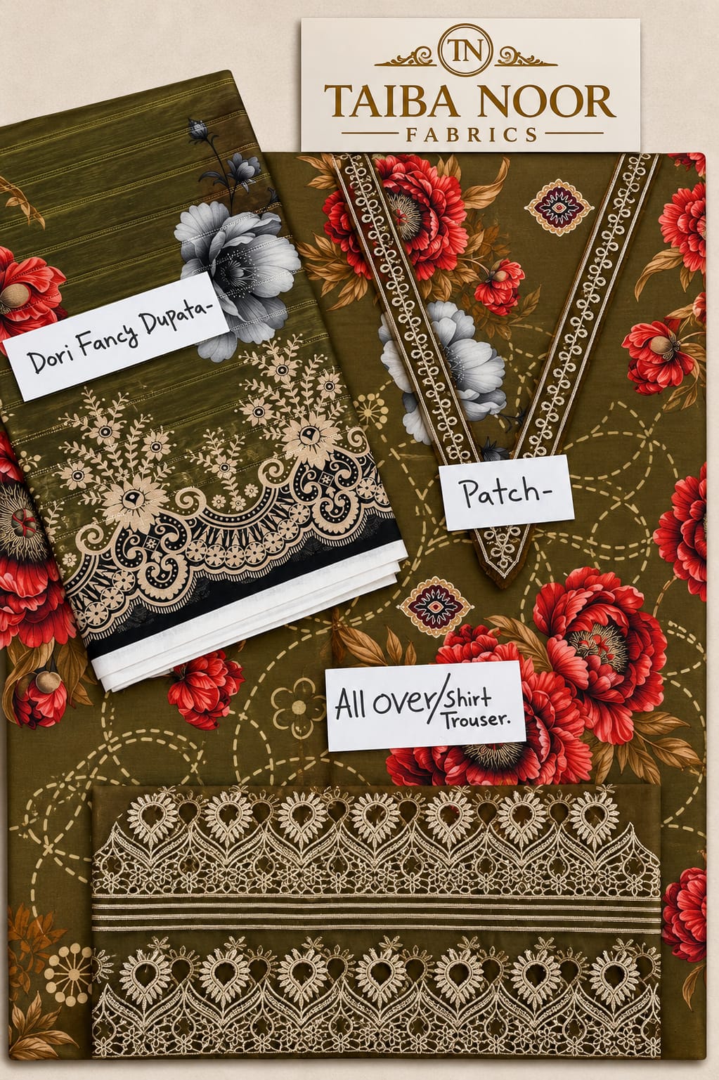 TAIBA NOOR 3PC ALL OVER WITH PATCHES