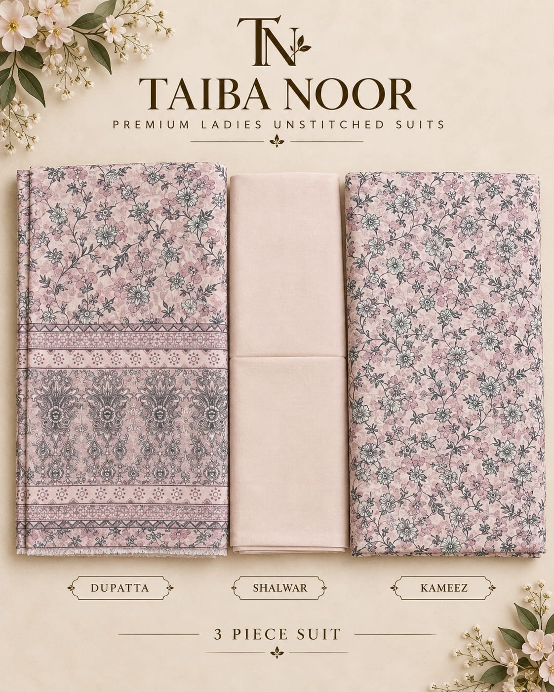 TAIBA NOOR 3PC DHANAK ALL OVER