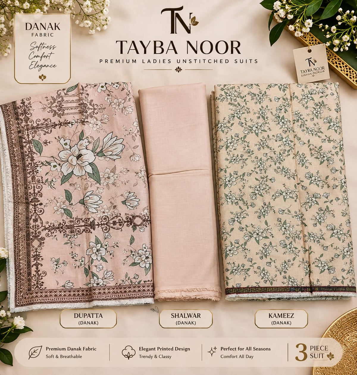 TAIBA NOOR 3PC DHANAK ALL OVER